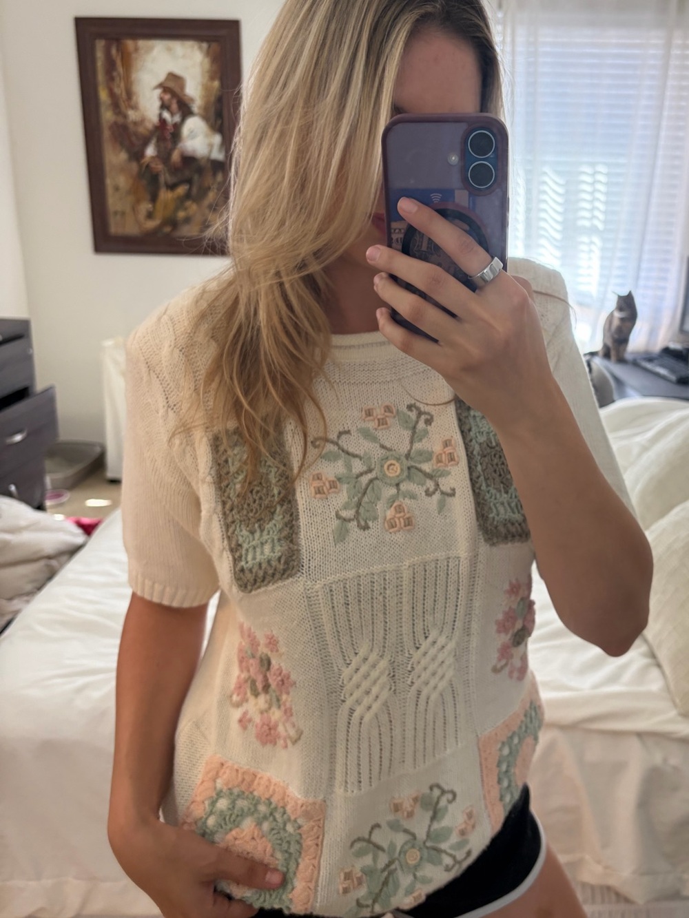 Vintage Shenanigans Ramie Cotton Floral Embroidered Knit Sweater Top L